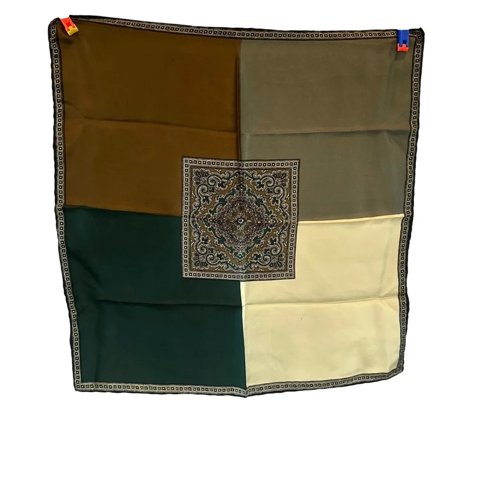 Vintage Cartini's Italy Silk Scarf Colorblock Olive Mustard Green Paisley 70s